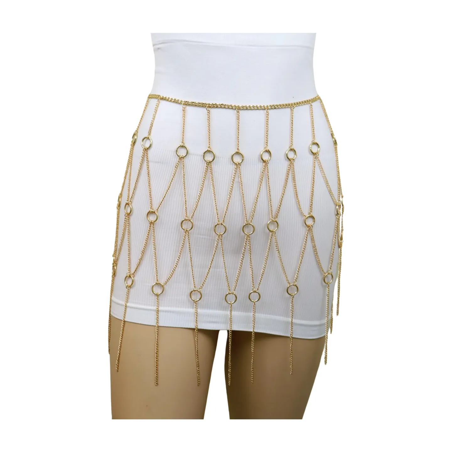 New Women Gold Metal Chain Circle Rings Skirt Belt High Waist Size S M