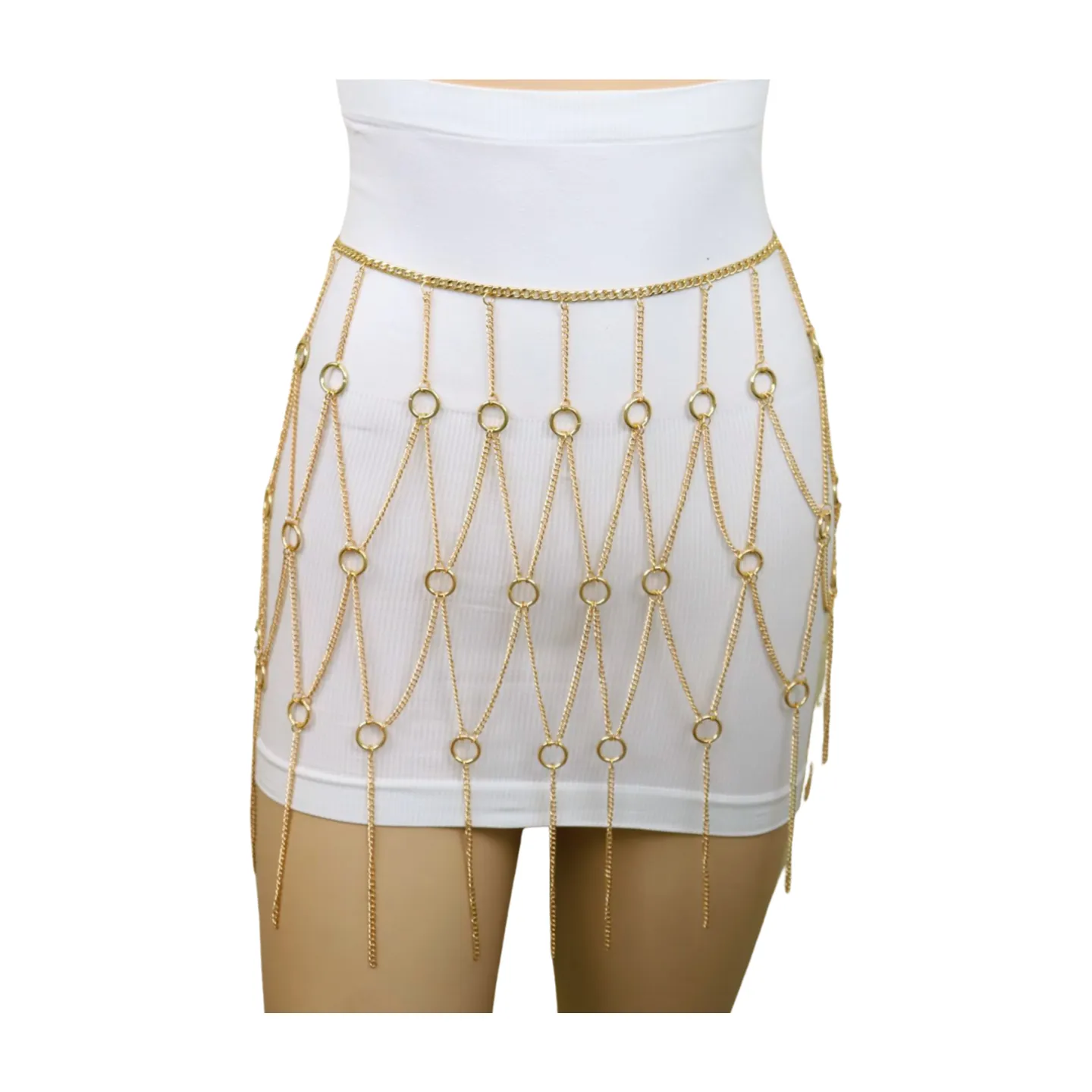 New Women Gold Metal Chain Circle Rings Skirt Belt High Waist Size S M