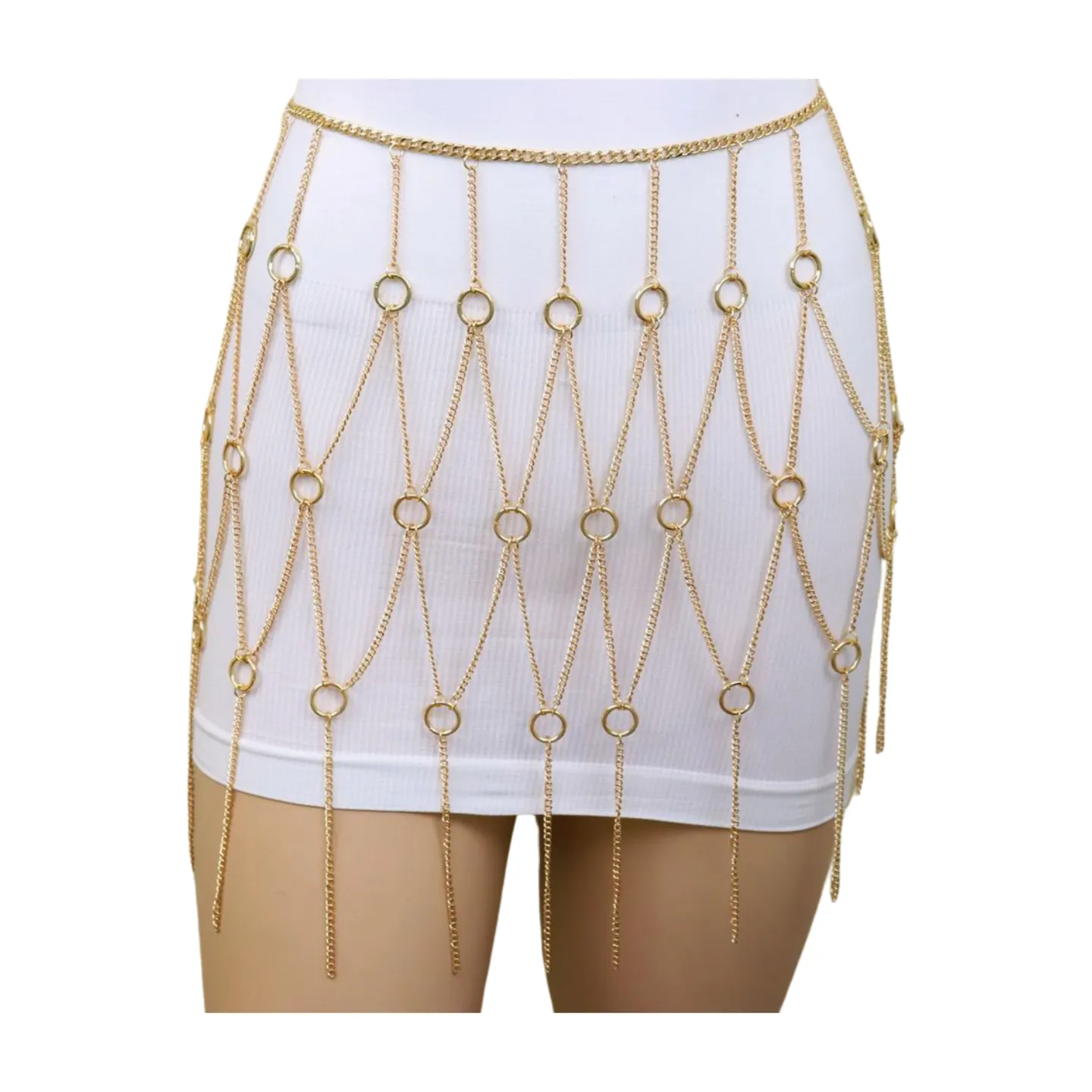 New Women Gold Metal Chain Circle Rings Skirt Belt High Waist Size S M