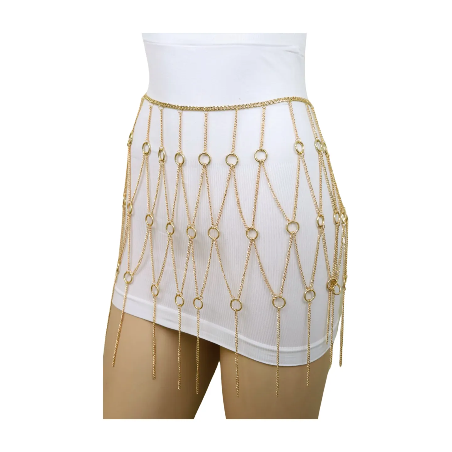 New Women Gold Metal Chain Circle Rings Skirt Belt High Waist Size S M