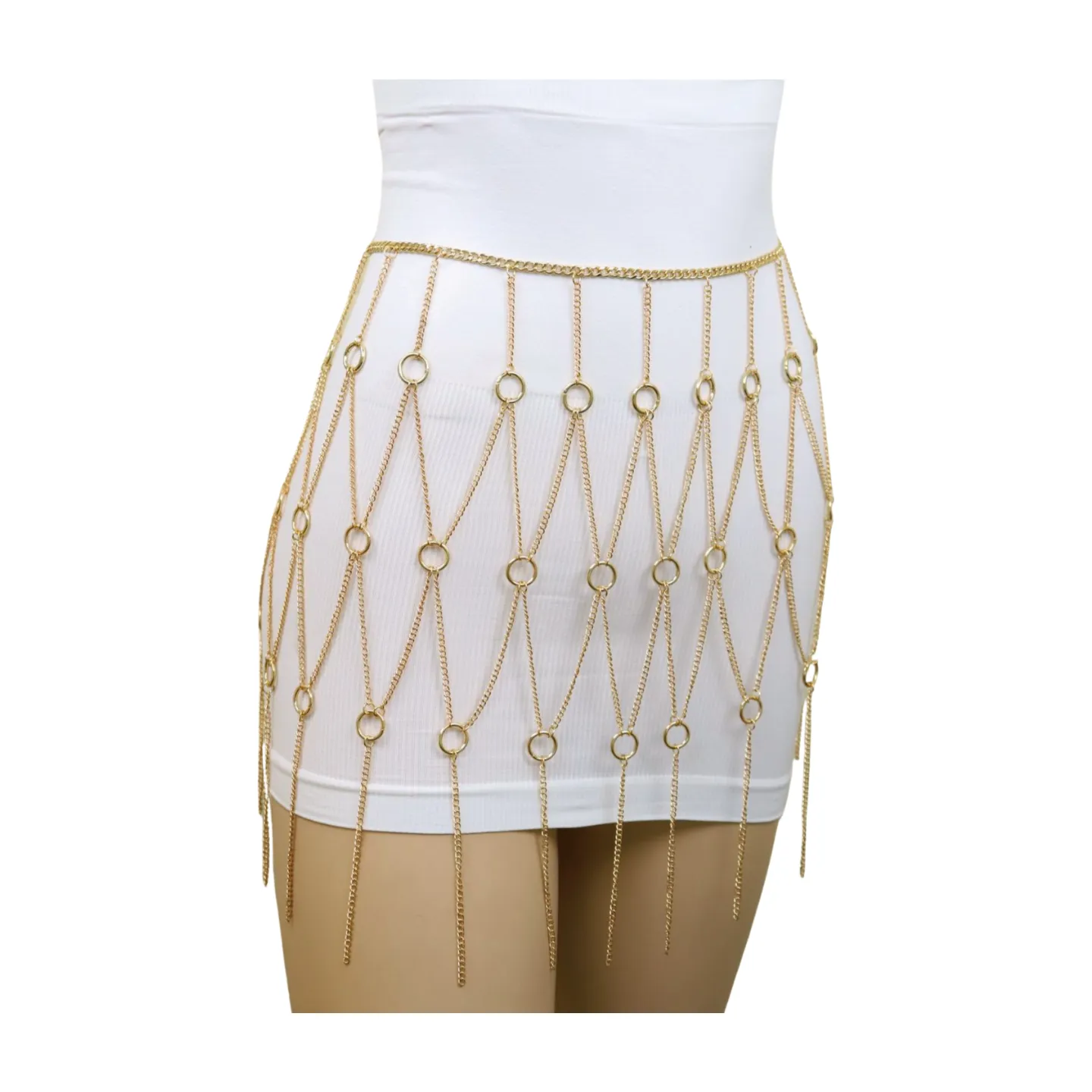 New Women Gold Metal Chain Circle Rings Skirt Belt High Waist Size S M