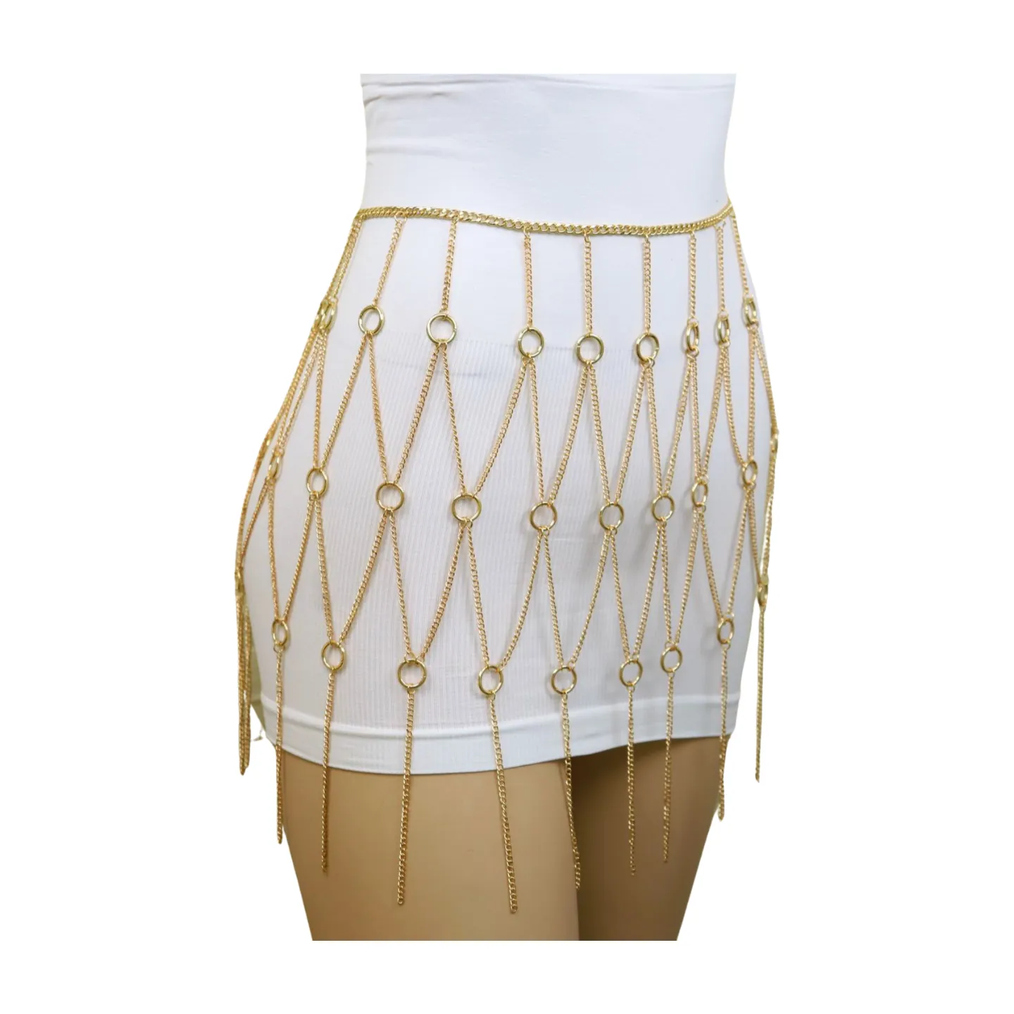 New Women Gold Metal Chain Circle Rings Skirt Belt High Waist Size S M