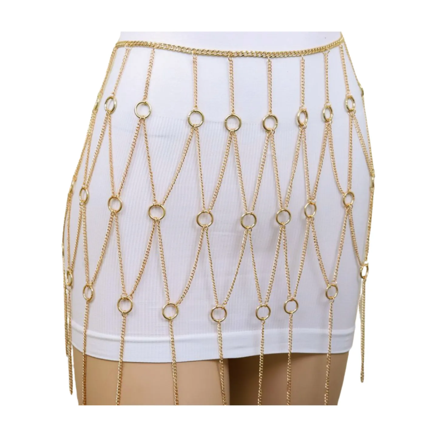 New Women Gold Metal Chain Circle Rings Skirt Belt High Waist Size S M
