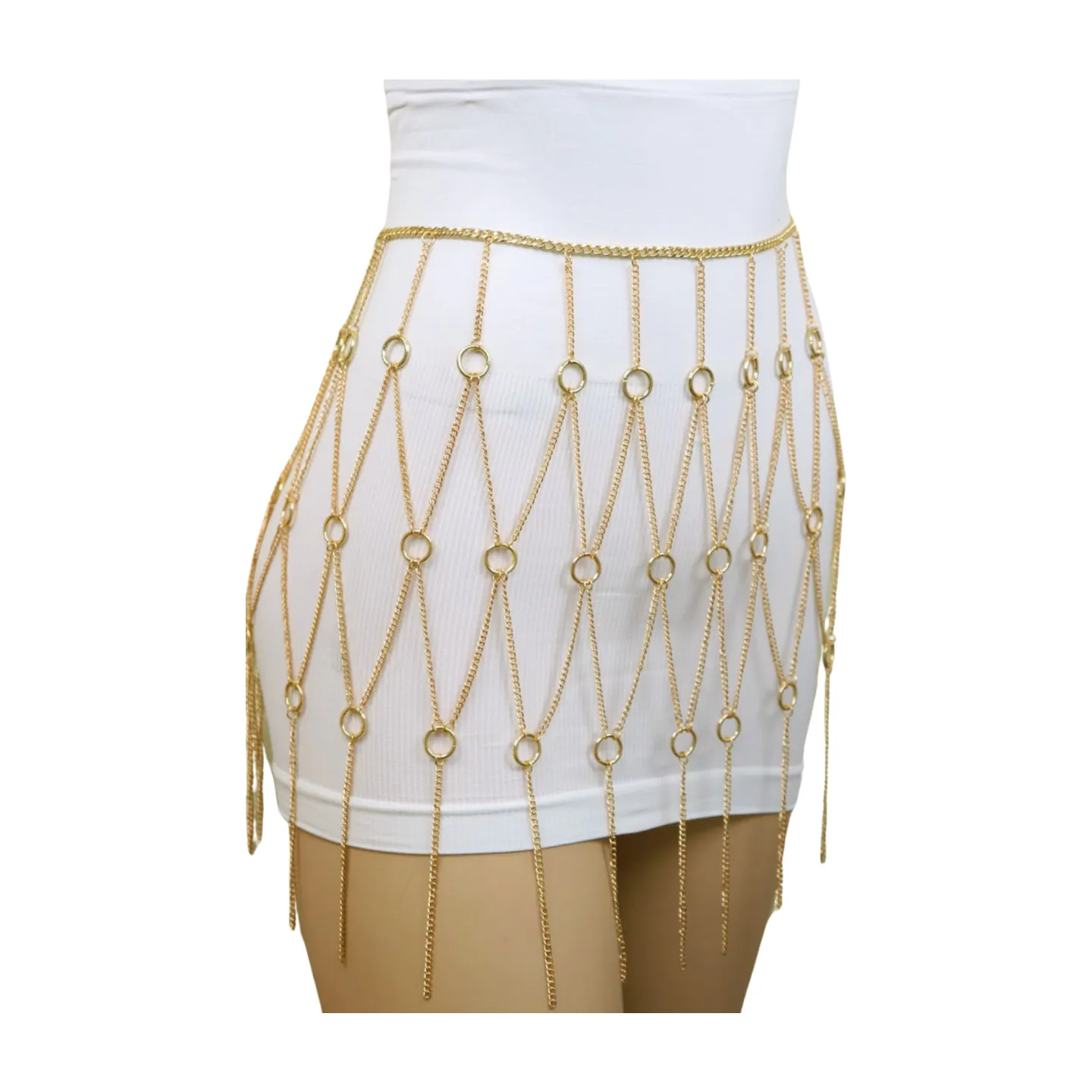 New Women Gold Metal Chain Circle Rings Skirt Belt High Waist Size S M