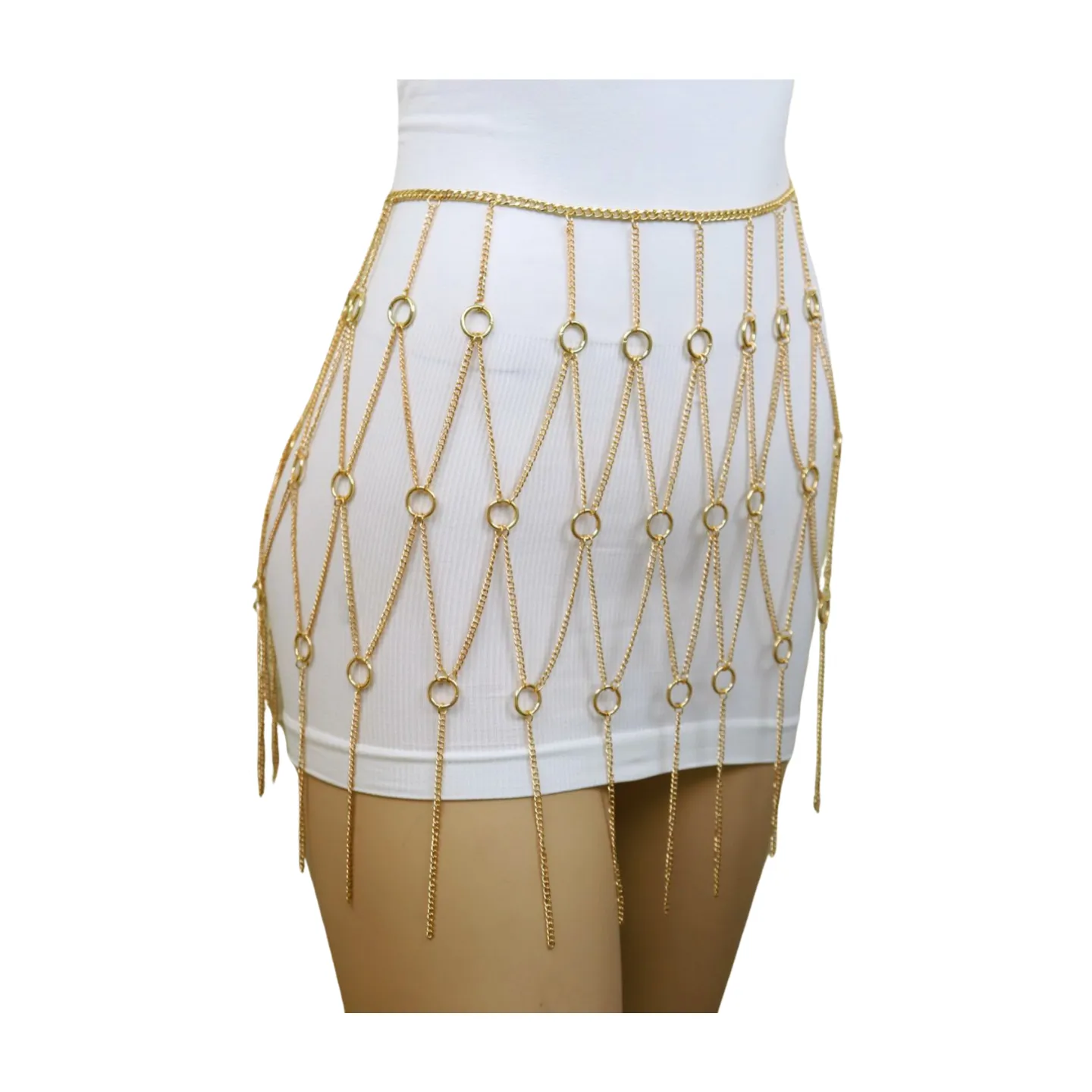 New Women Gold Metal Chain Circle Rings Skirt Belt High Waist Size S M