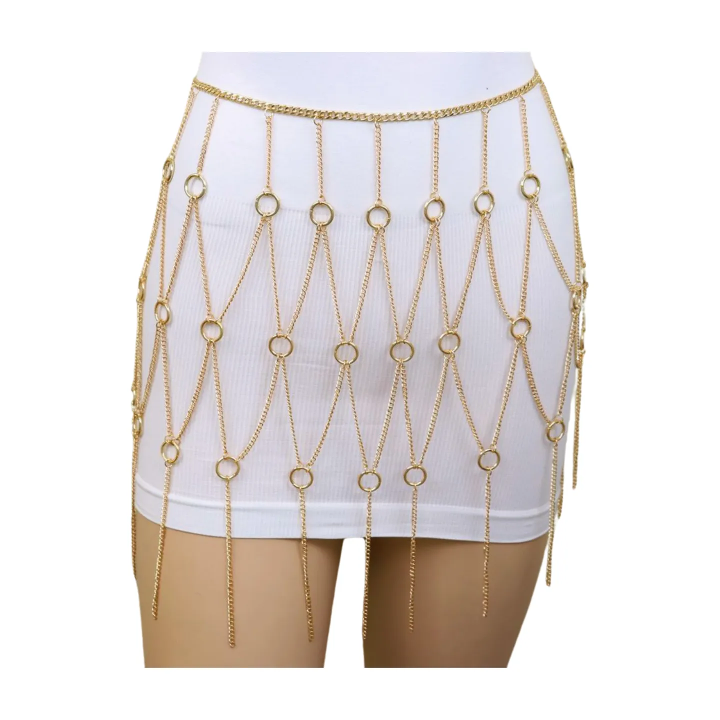 New Women Gold Metal Chain Circle Rings Skirt Belt High Waist Size S M