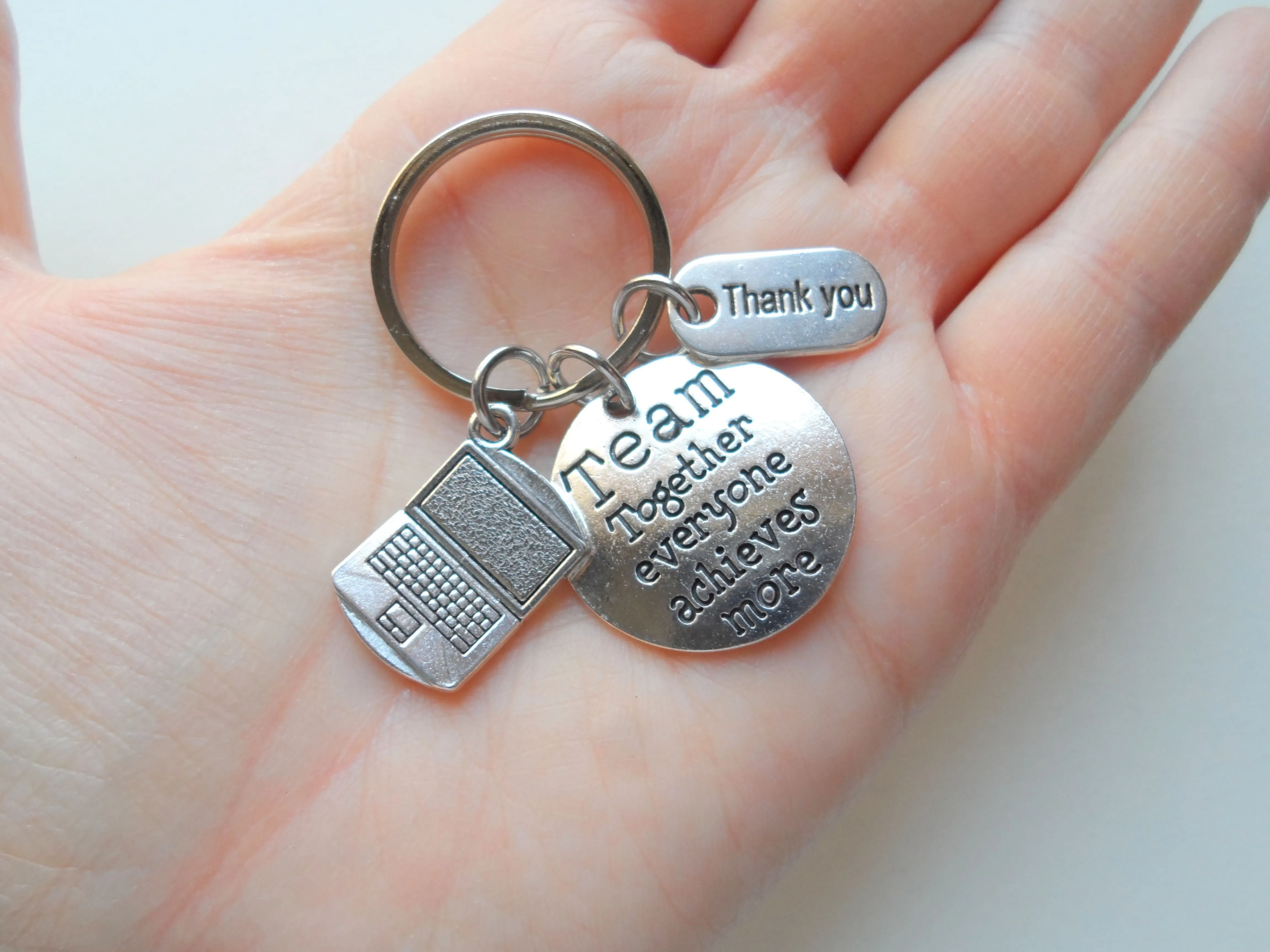 Office Staff Appreciation Keychain; Team Disc Charm, Computer Laptop, & Thank You Charm Keychain