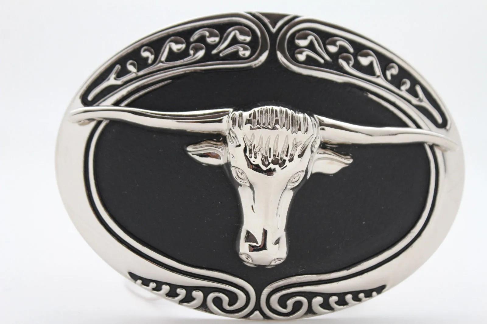 Oval Texas Longhorn Cow Head Metal Belt Buckle