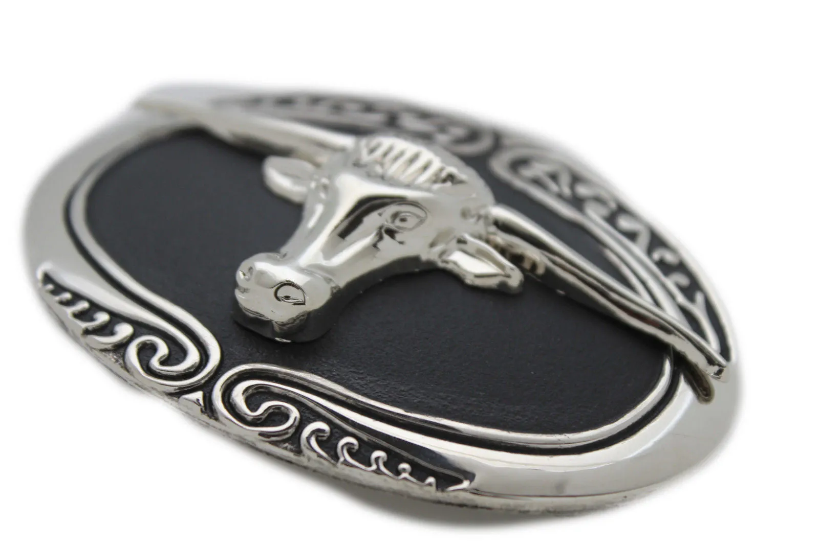 Oval Texas Longhorn Cow Head Metal Belt Buckle