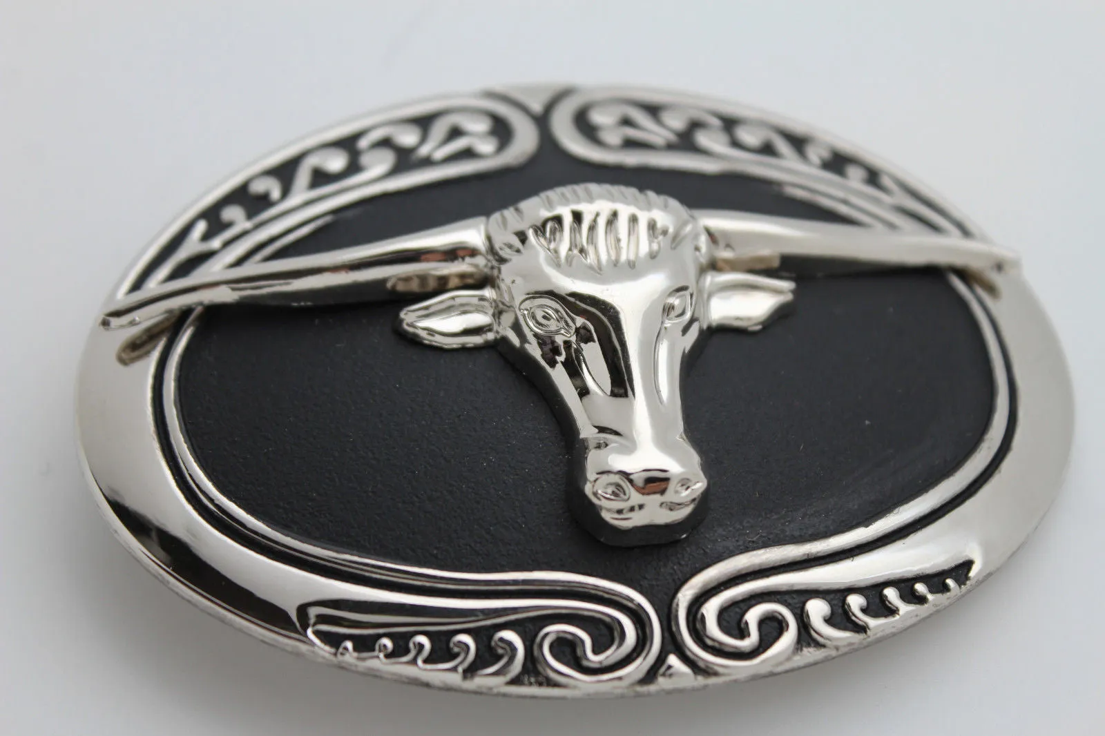 Oval Texas Longhorn Cow Head Metal Belt Buckle