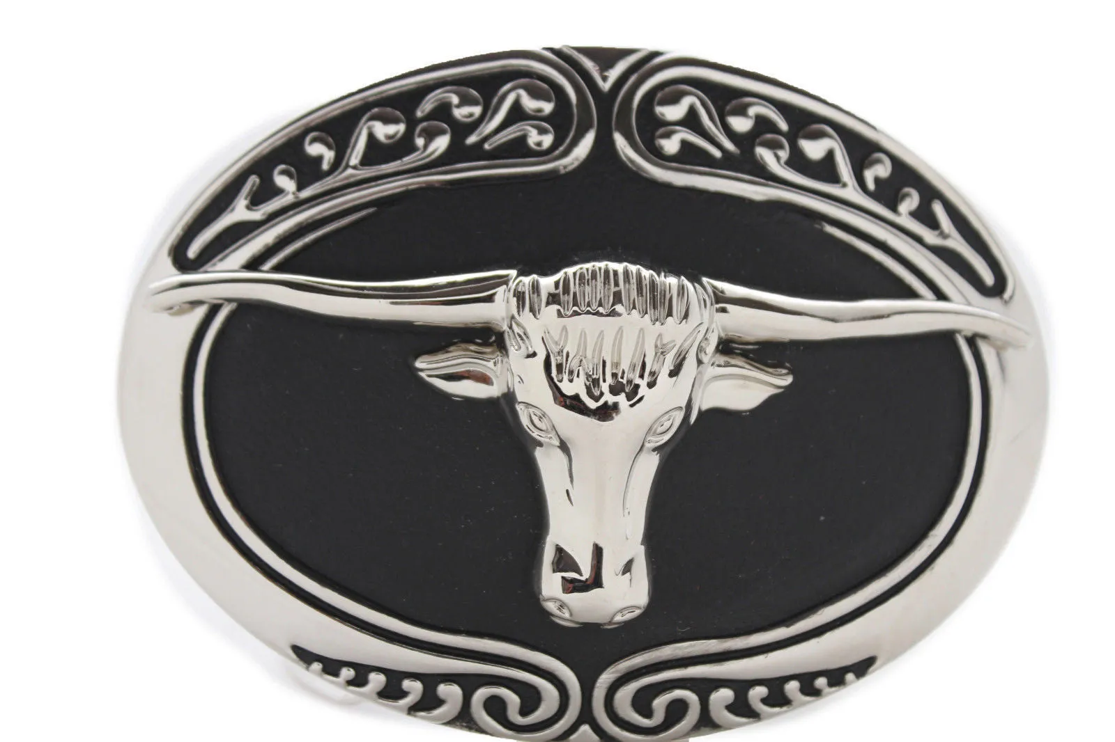 Oval Texas Longhorn Cow Head Metal Belt Buckle