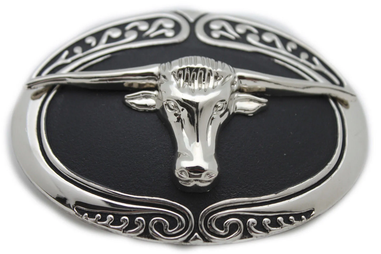Oval Texas Longhorn Cow Head Metal Belt Buckle