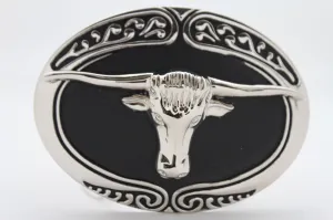 Oval Texas Longhorn Cow Head Metal Belt Buckle