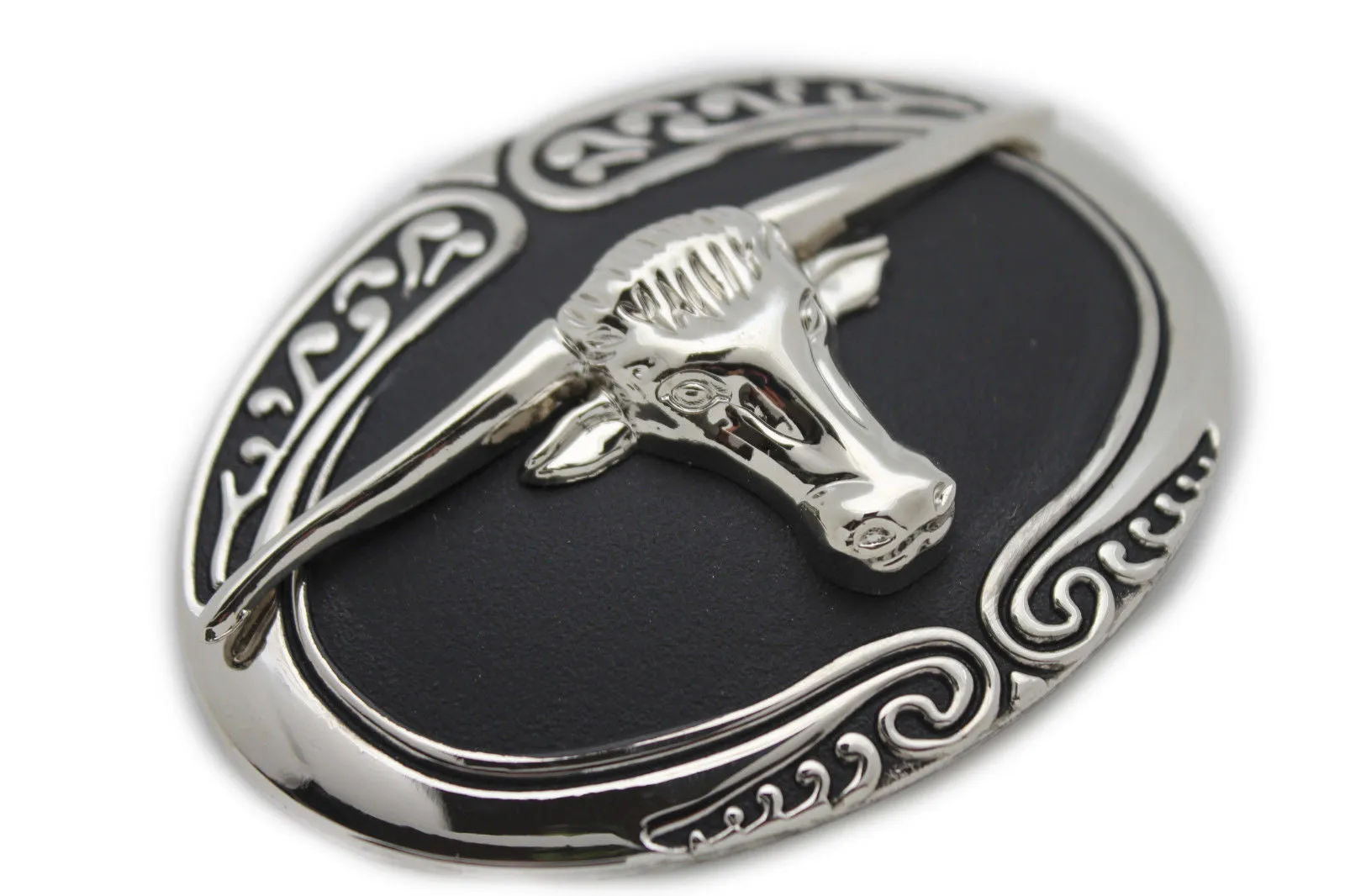 Oval Texas Longhorn Cow Head Metal Belt Buckle