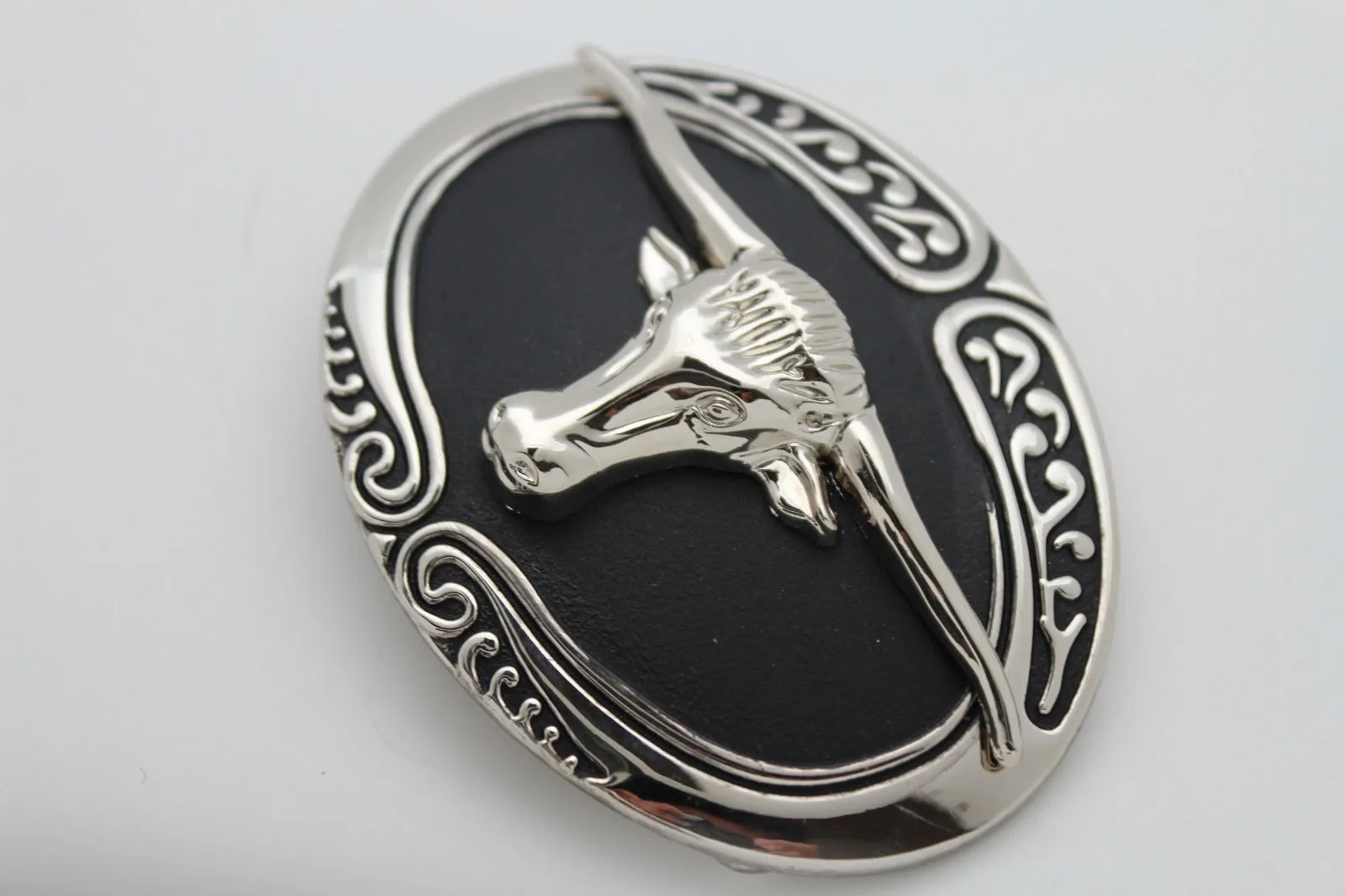Oval Texas Longhorn Cow Head Metal Belt Buckle