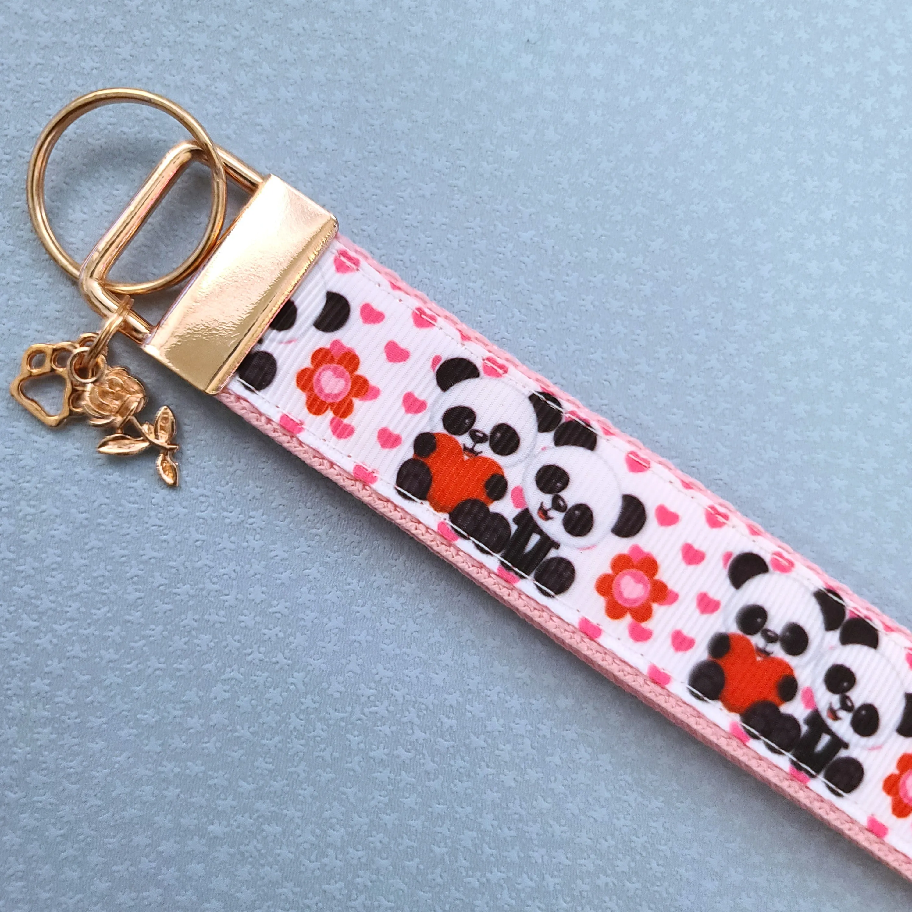 Pandas Holding Hearts Key Chain Fob with Charm