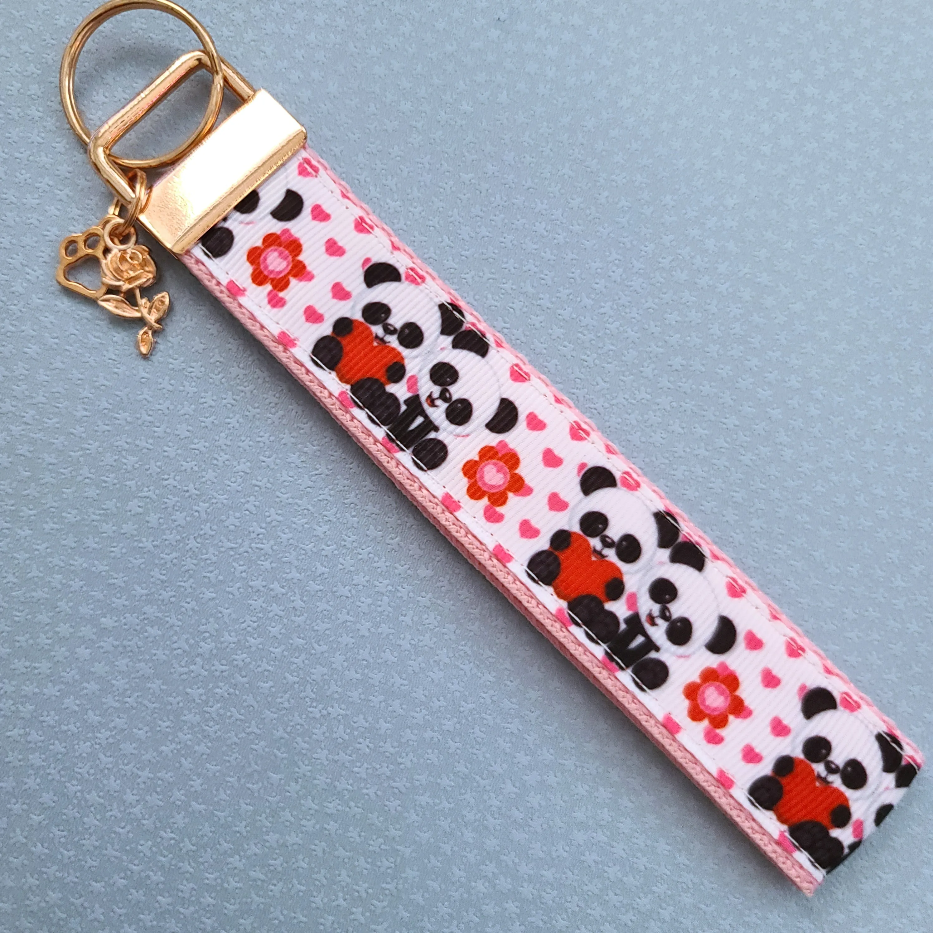 Pandas Holding Hearts Key Chain Fob with Charm