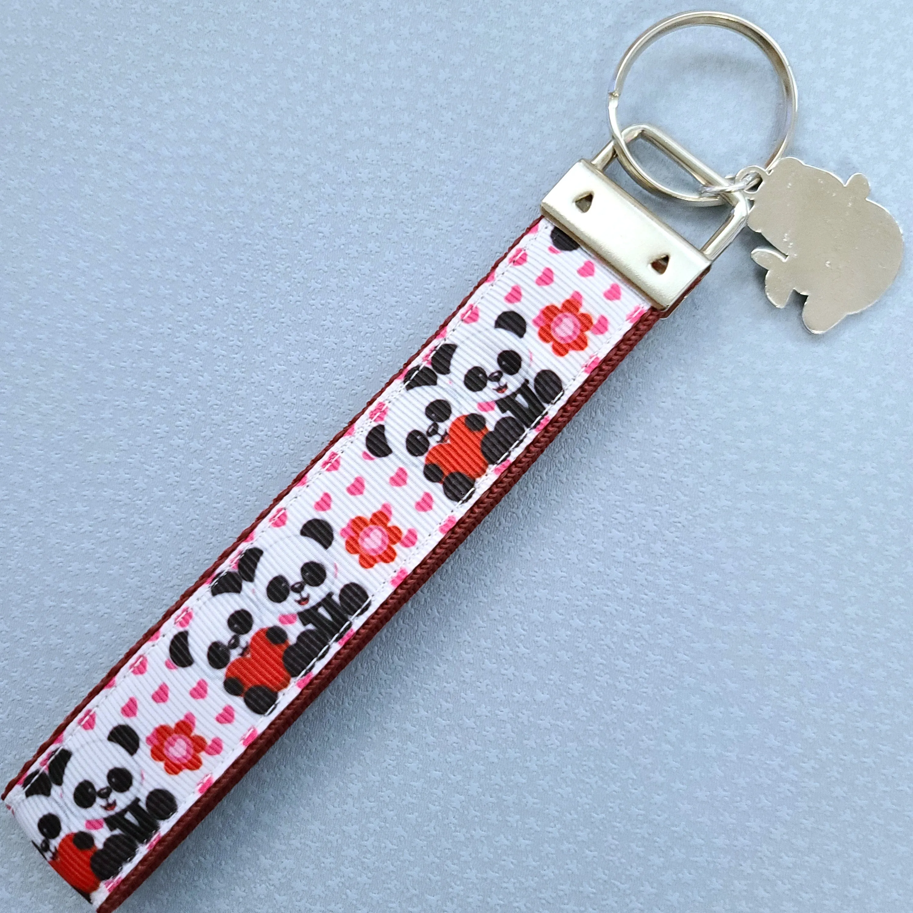 Pandas Holding Hearts Key Chain Fob with Charm
