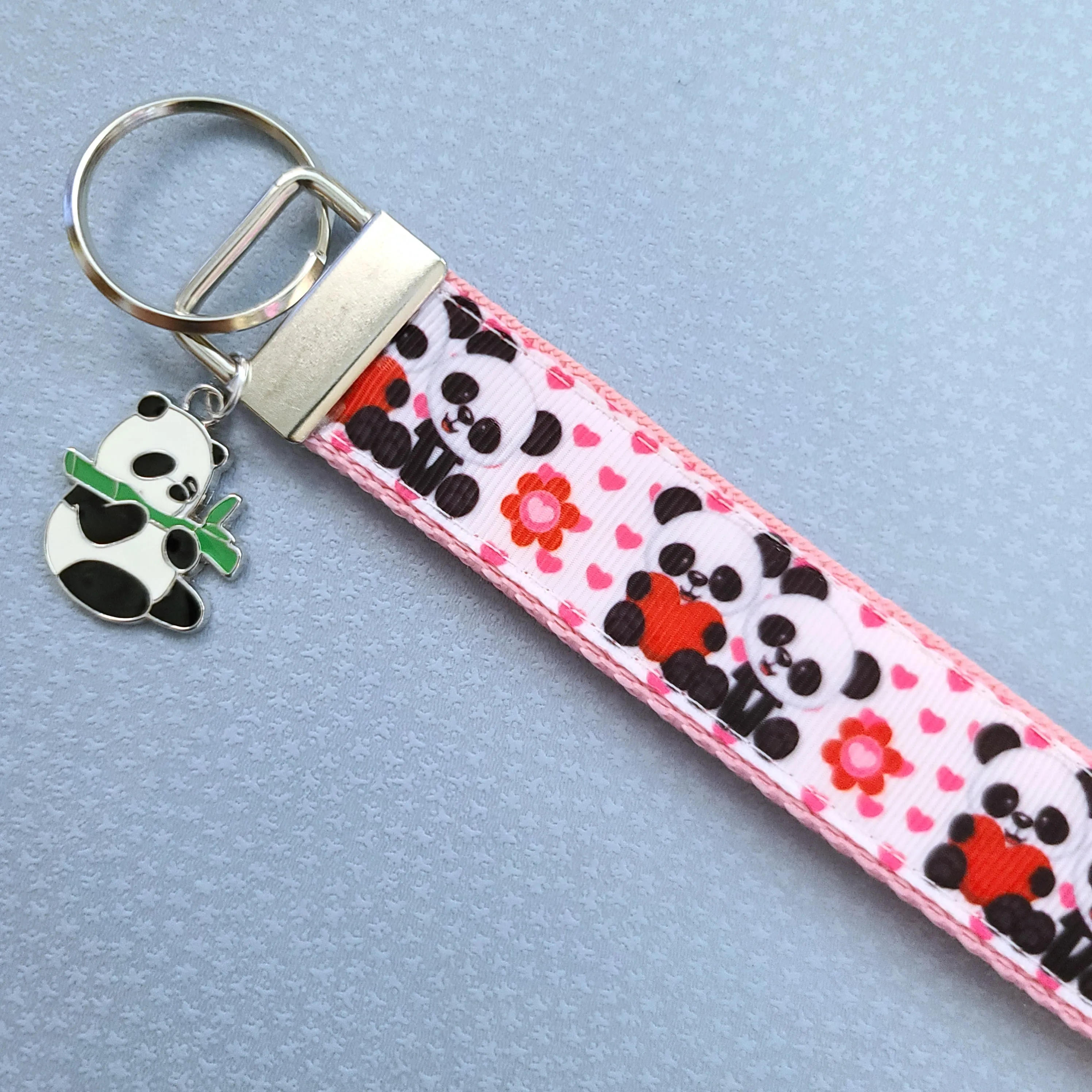 Pandas Holding Hearts Key Chain Fob with Charm