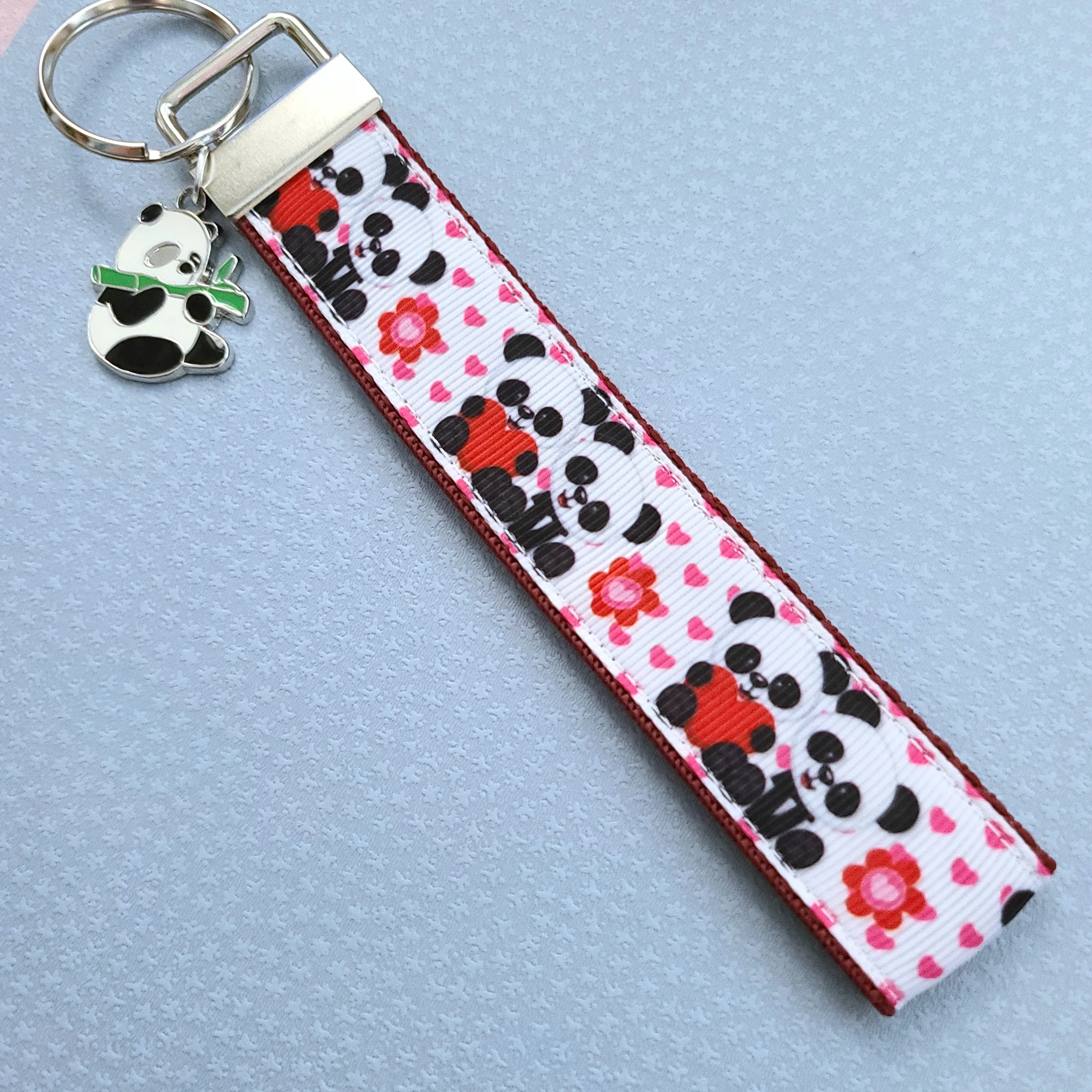 Pandas Holding Hearts Key Chain Fob with Charm