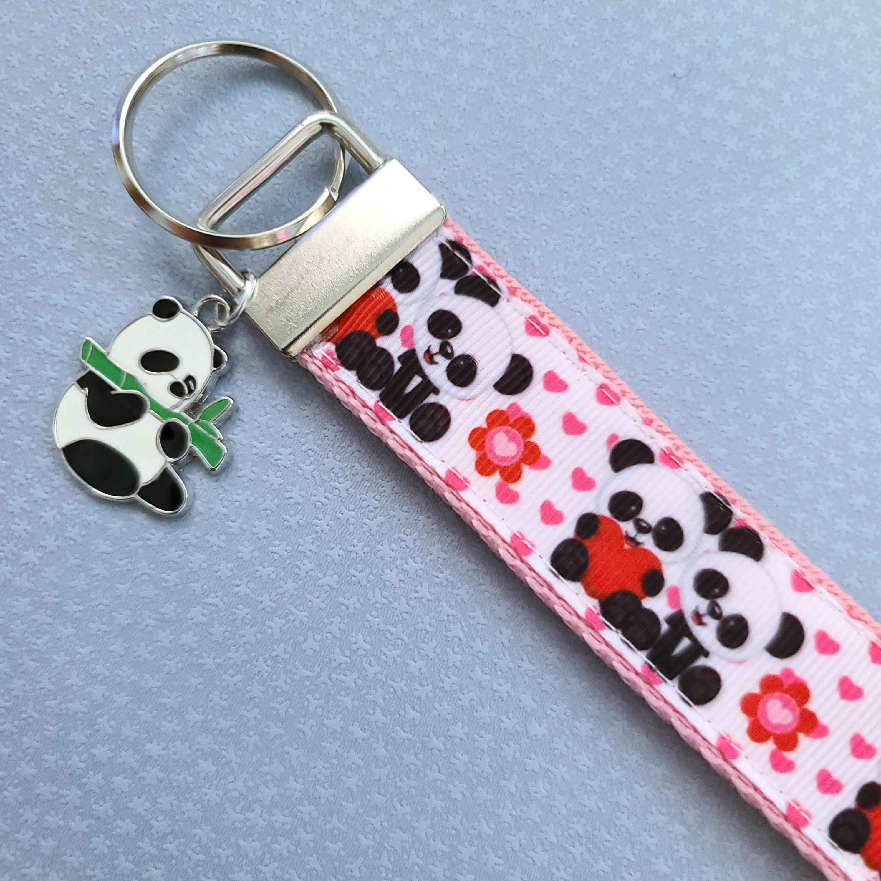 Pandas Holding Hearts Key Chain Fob with Charm