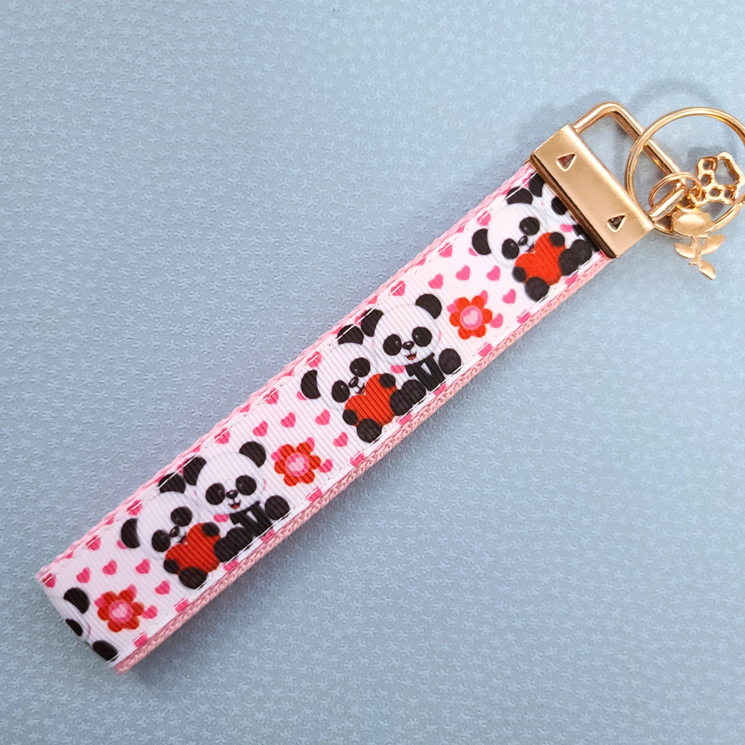 Pandas Holding Hearts Key Chain Fob with Charm