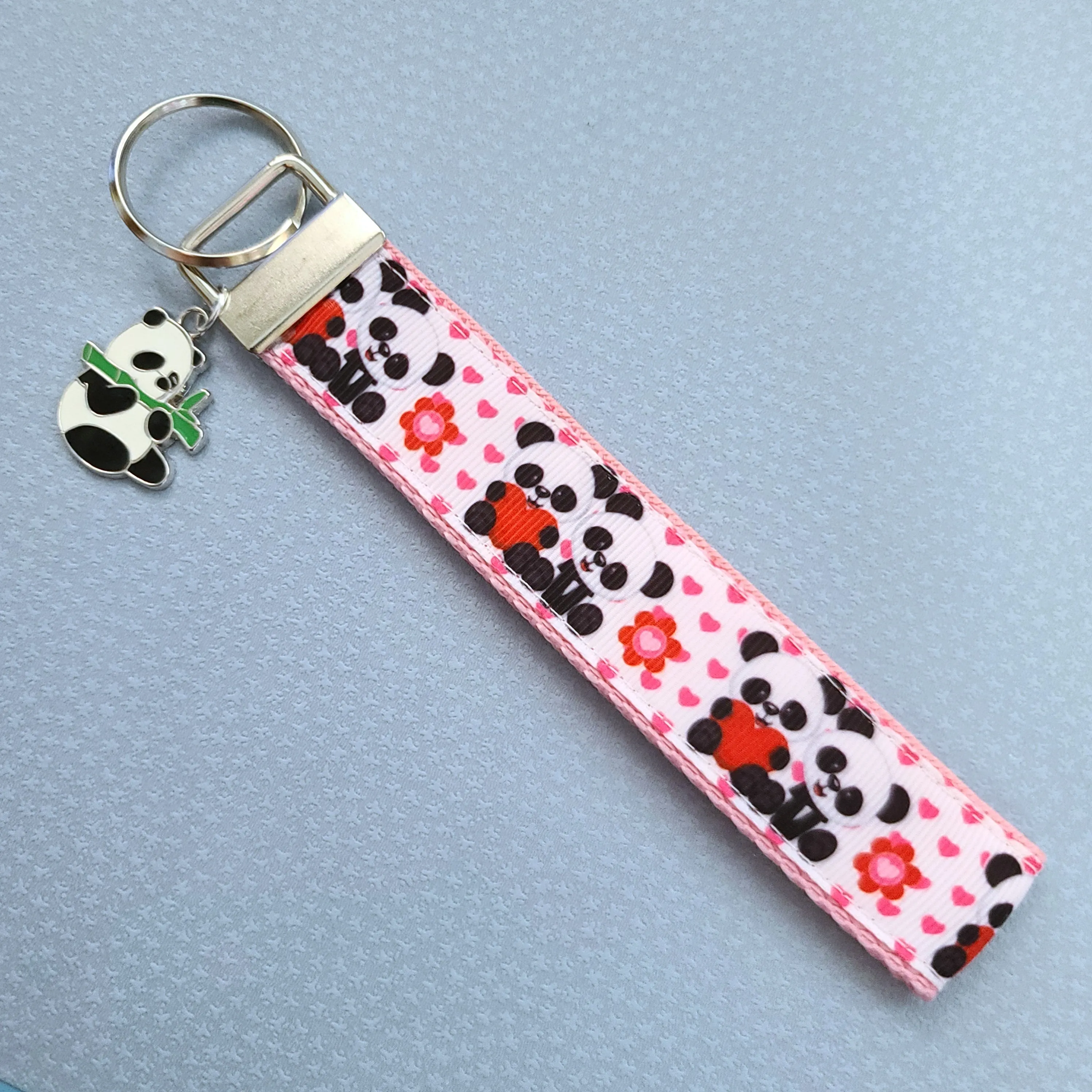 Pandas Holding Hearts Key Chain Fob with Charm