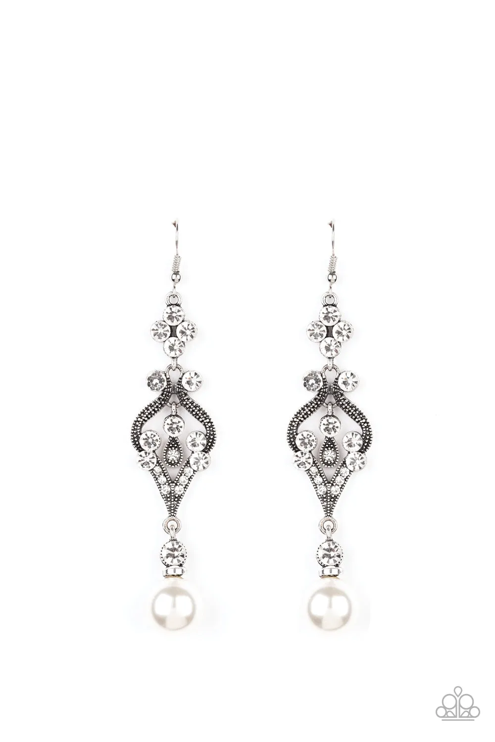 Paparazzi - Elegantly Extravagant - White Pearl -Rhinestone Earrings