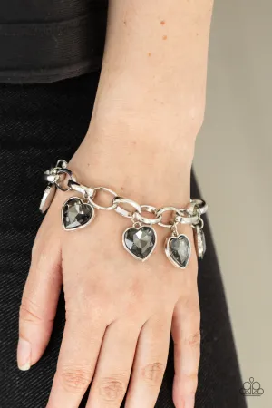 Paparazzi " Candy Heart Charmer " Silver Metal & Gray Rhinestone Heart Charm Bracelet