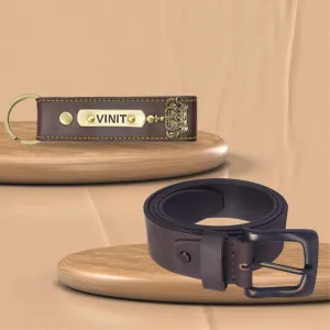 Personalized Leather Keychain and Belt for Men's - Brown