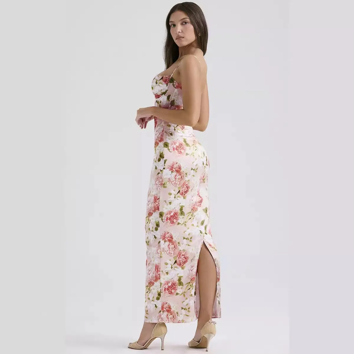 Petite Flower Printed Sling Long Dress PCD14