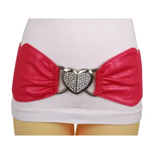 Pink Faux Leather Elastic Fashion Belt Heart Buckle Fit Size S M