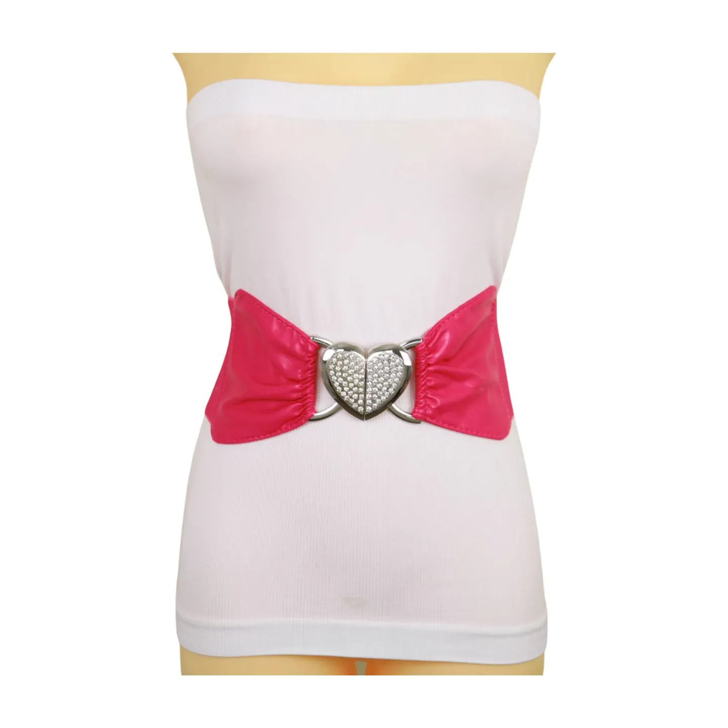 Pink Faux Leather Elastic Fashion Belt Heart Buckle Fit Size S M