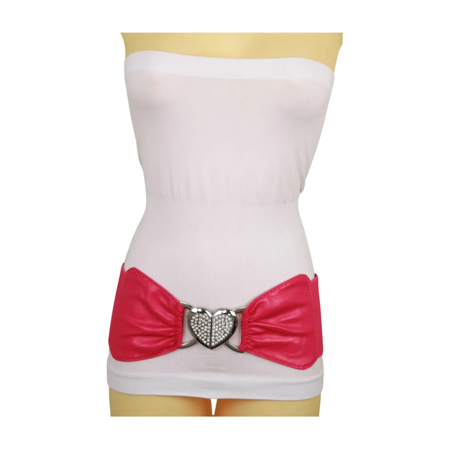 Pink Faux Leather Elastic Fashion Belt Heart Buckle Fit Size S M