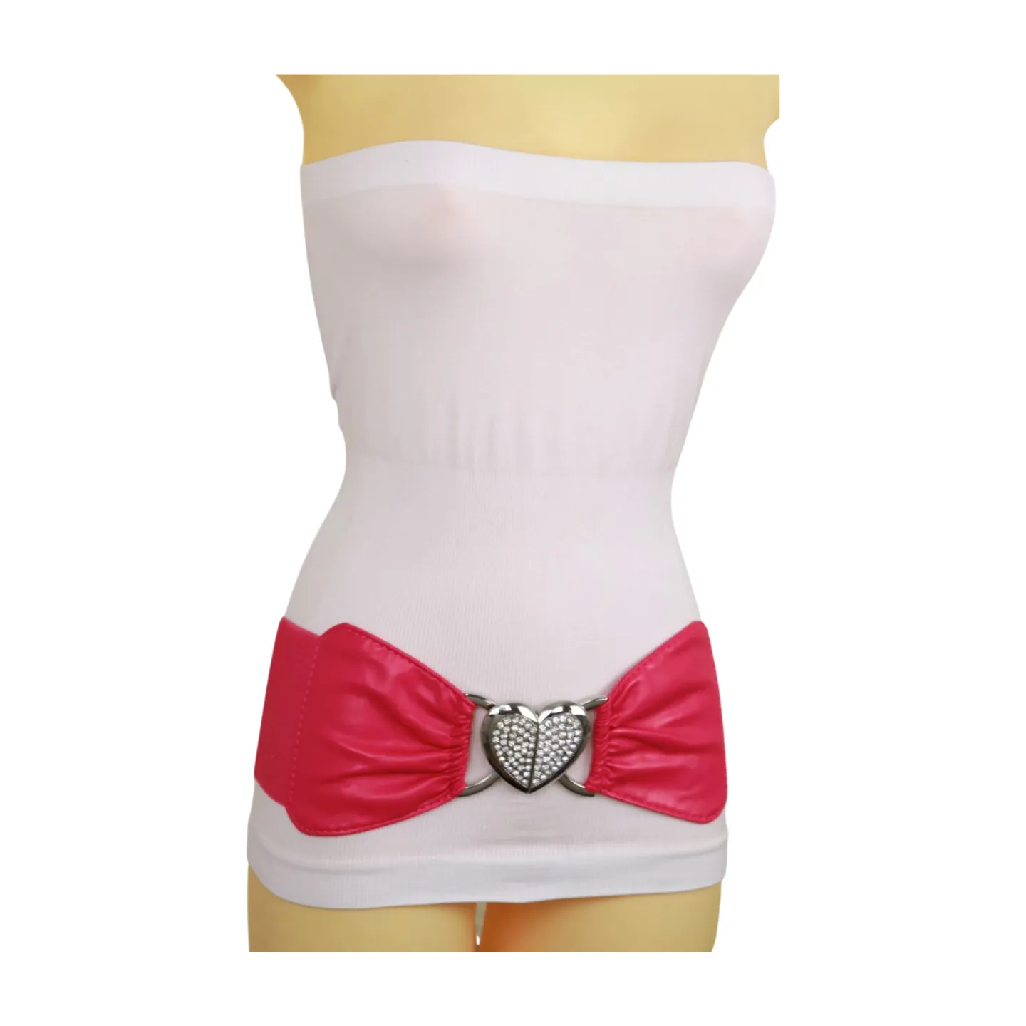 Pink Faux Leather Elastic Fashion Belt Heart Buckle Fit Size S M