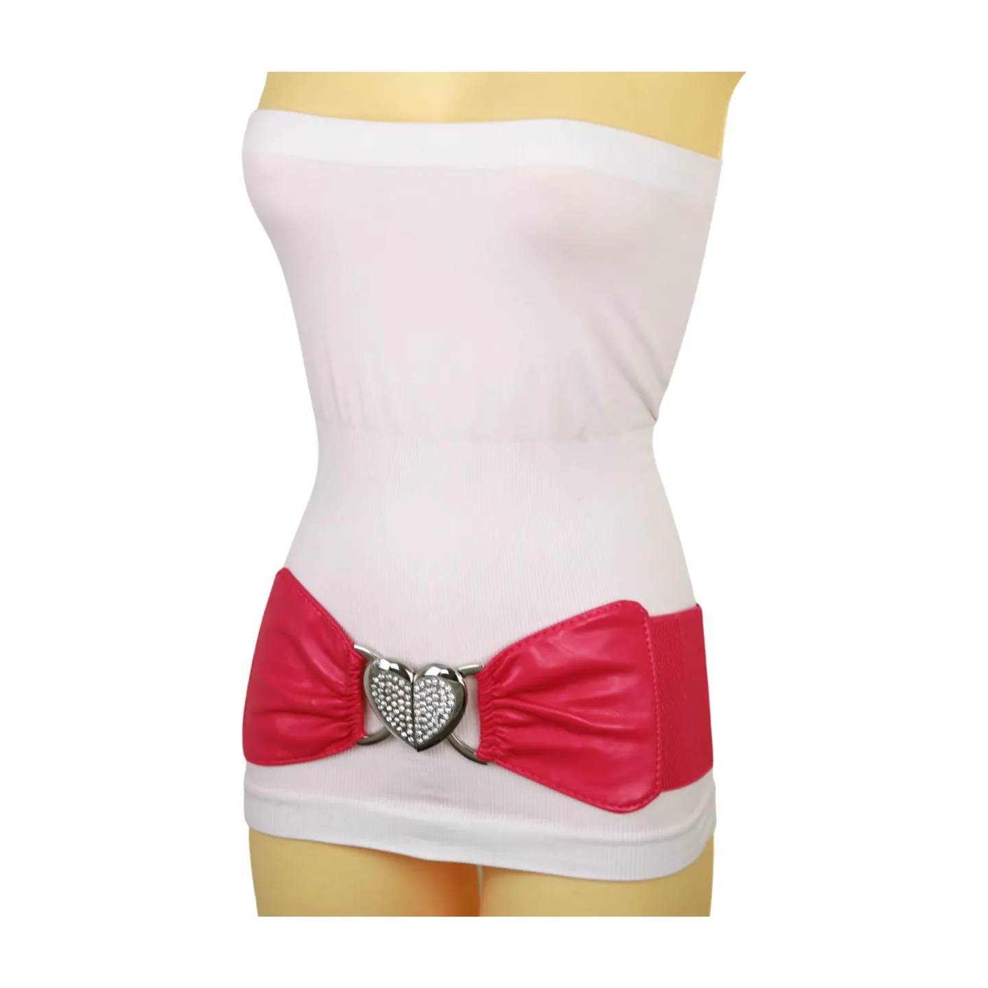 Pink Faux Leather Elastic Fashion Belt Heart Buckle Fit Size S M