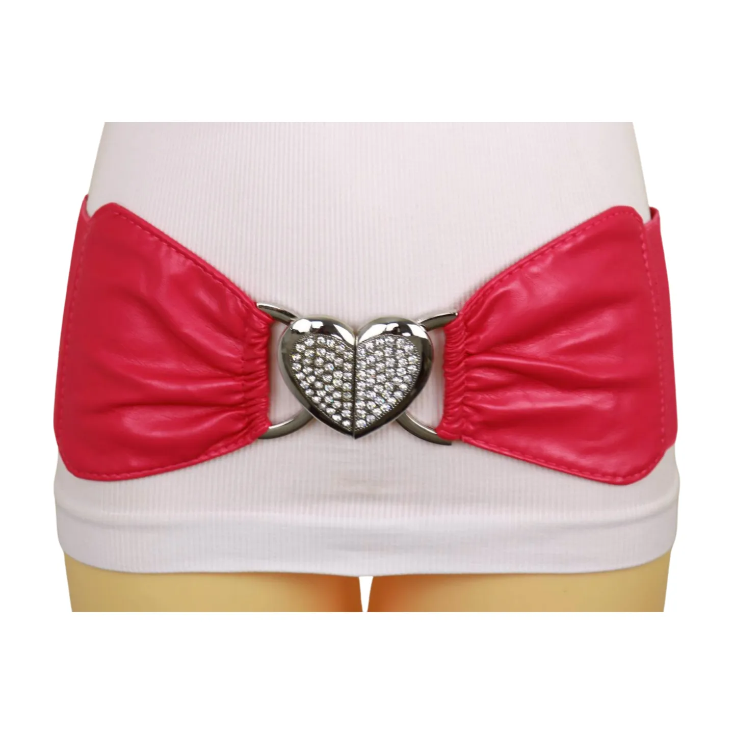 Pink Faux Leather Elastic Fashion Belt Heart Buckle Fit Size S M