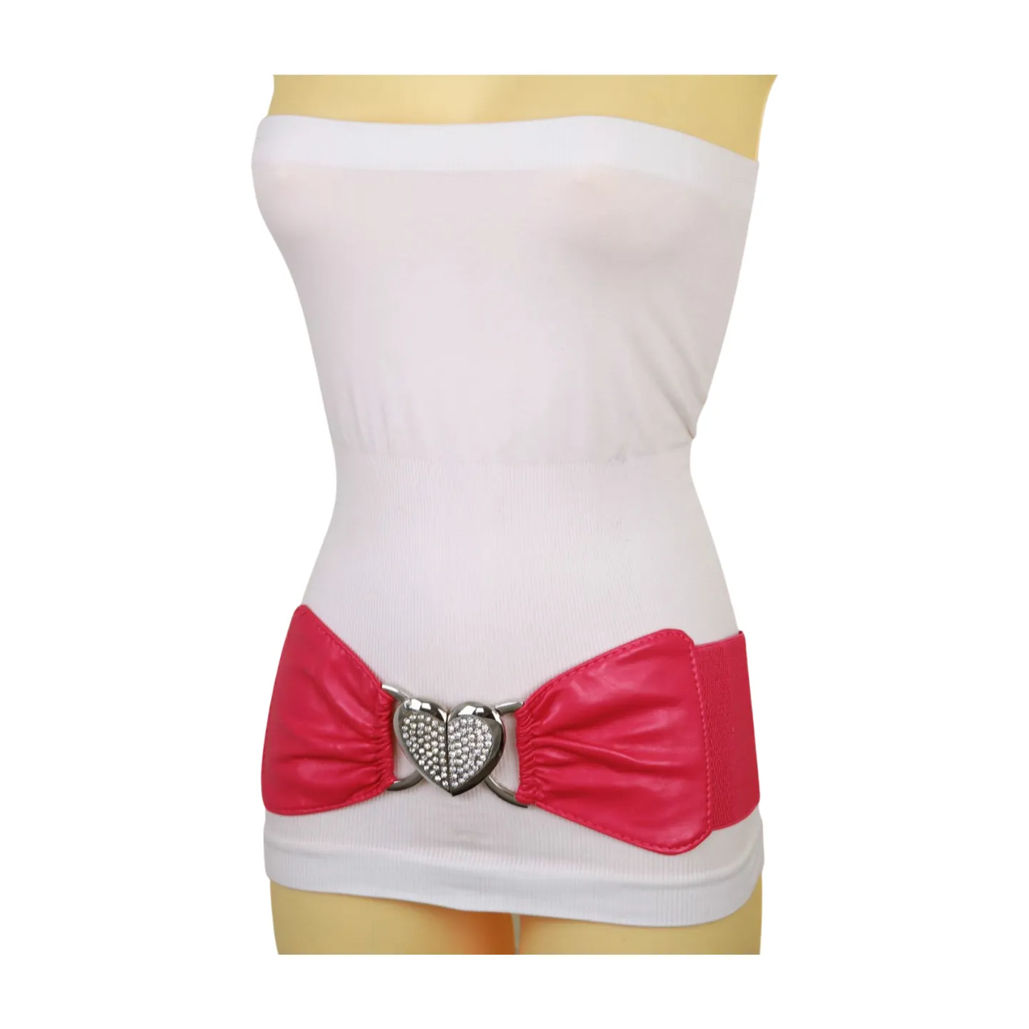 Pink Faux Leather Elastic Fashion Belt Heart Buckle Fit Size S M