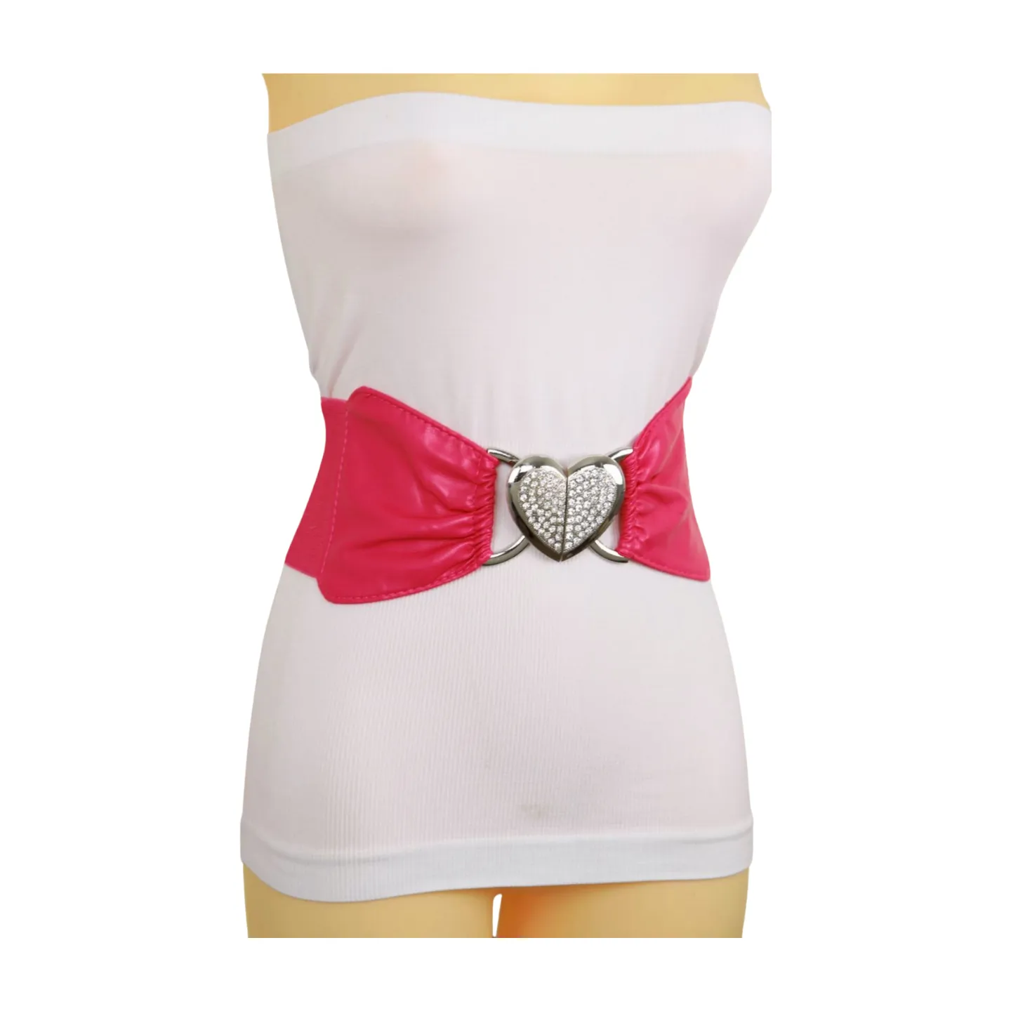 Pink Faux Leather Elastic Fashion Belt Heart Buckle Fit Size S M