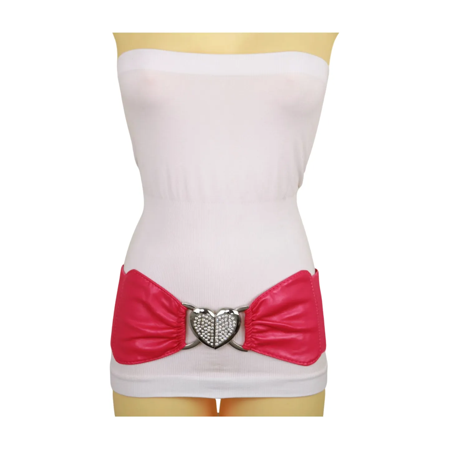 Pink Faux Leather Elastic Fashion Belt Heart Buckle Fit Size S M