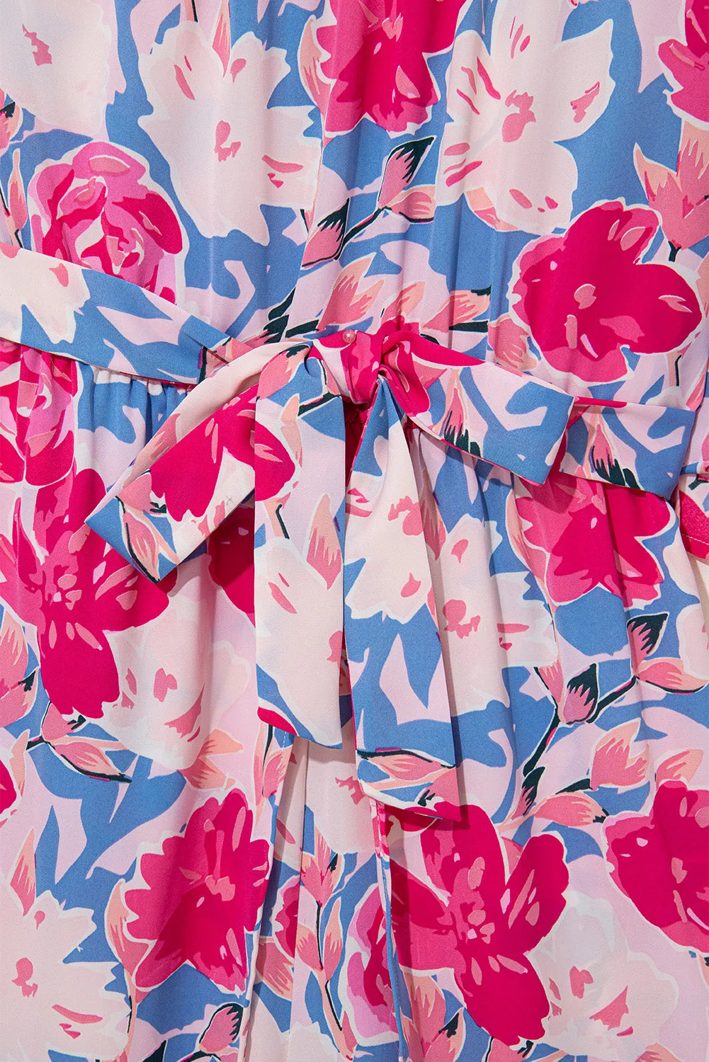 Pink Floral Print Asymmetrical Neckline Single Shoulder Drape Sleeve Belted Jumpsuit