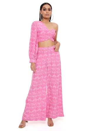 PINK KITE PRINT CREPE ONE SHOULDER TOP WITH PALAZZO