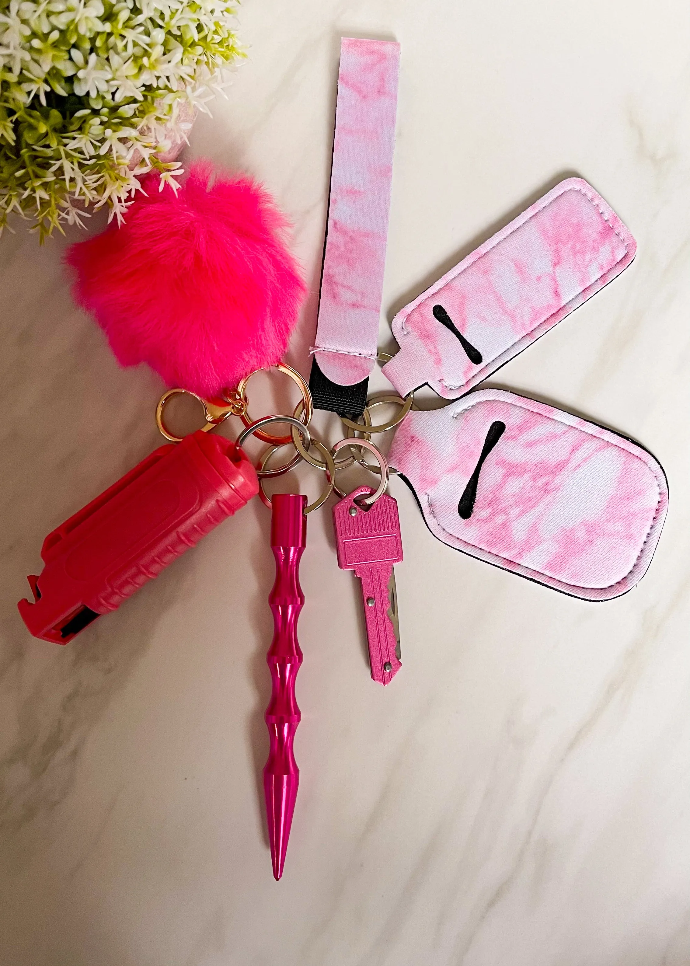 Pink Marble Self Defense 7 Piece Keychain