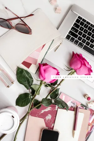 Pink Roses, Glasses and Laptop. Stock Photo