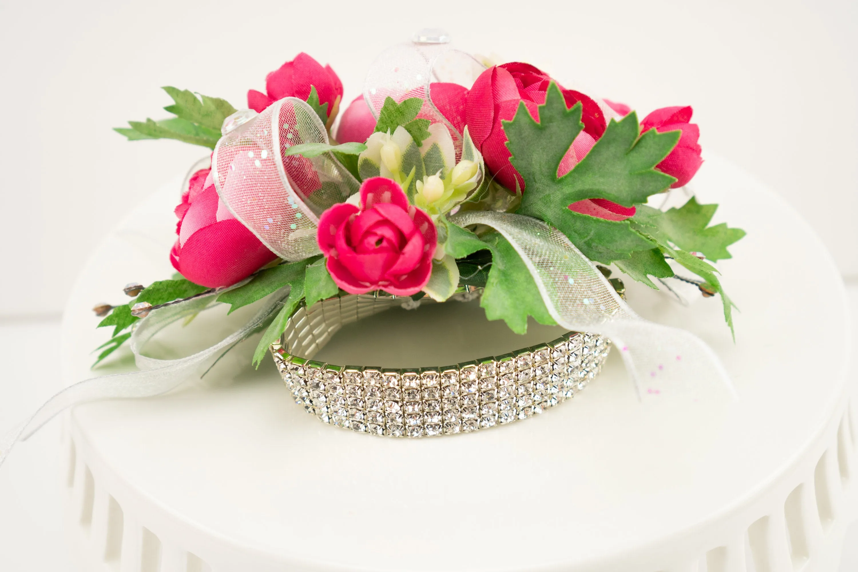 Pink Wrist Corsage with Rhinestones for Prom