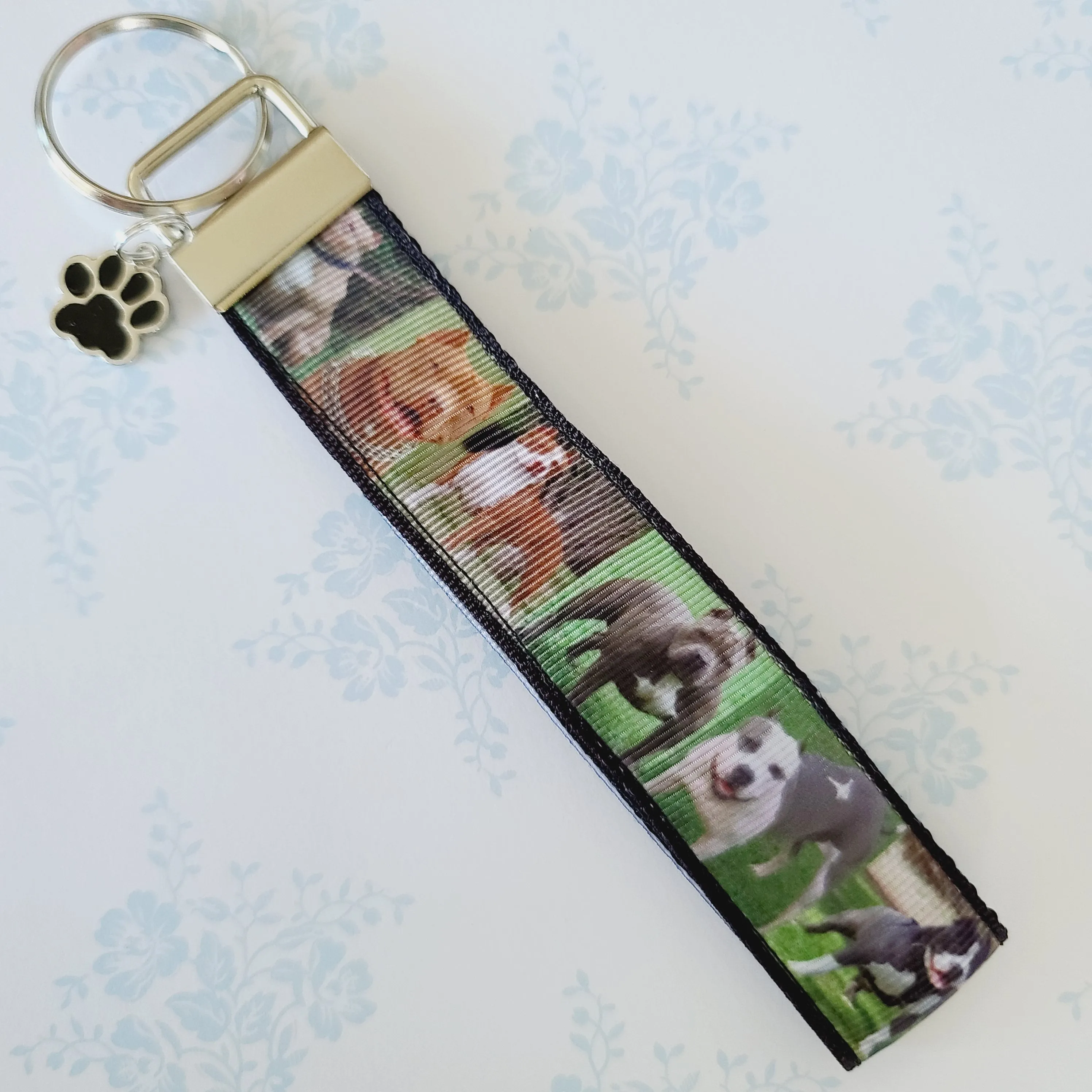 Pit Bull Key Fob / Key Chain with Enameled Paw Print Charm