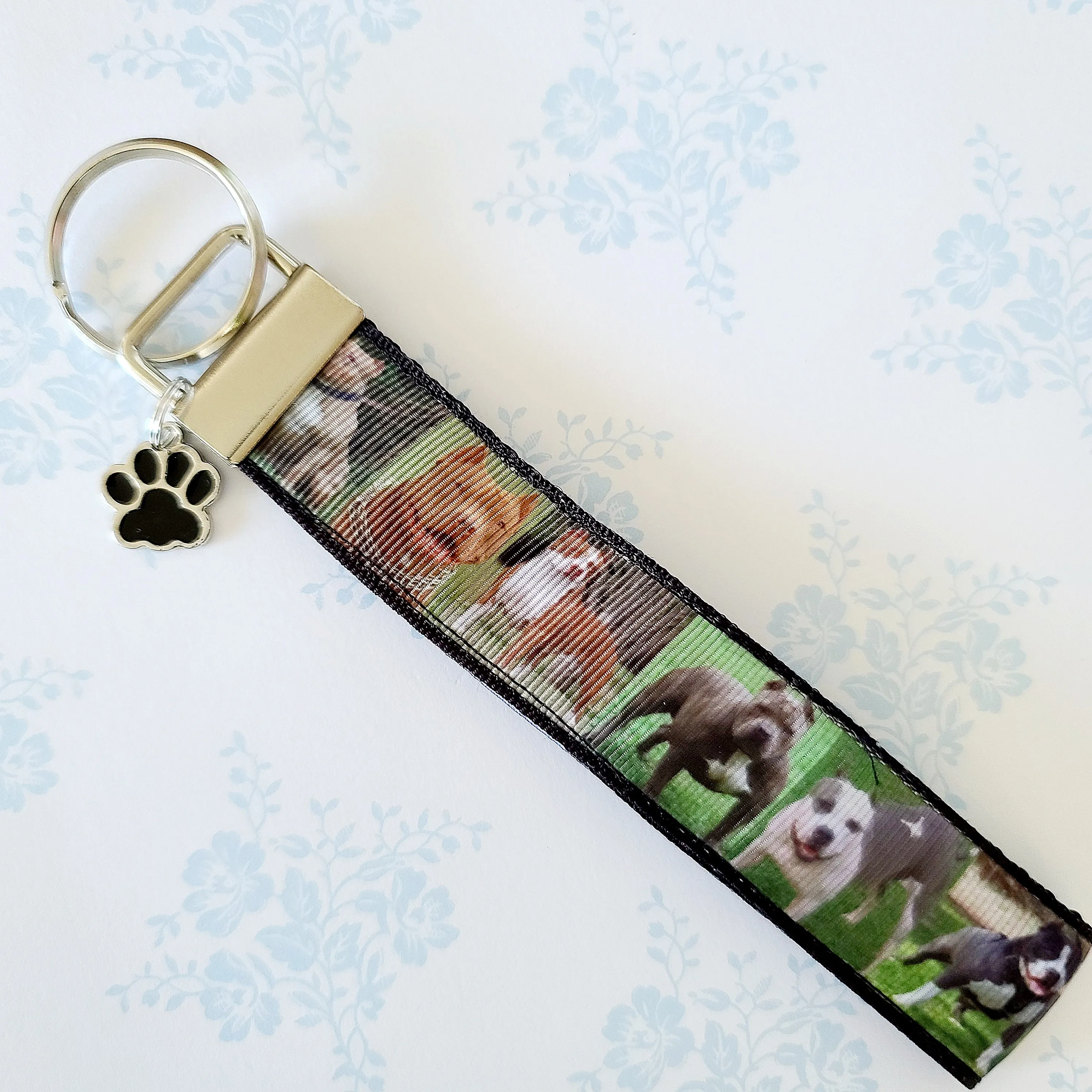 Pit Bull Key Fob / Key Chain with Enameled Paw Print Charm
