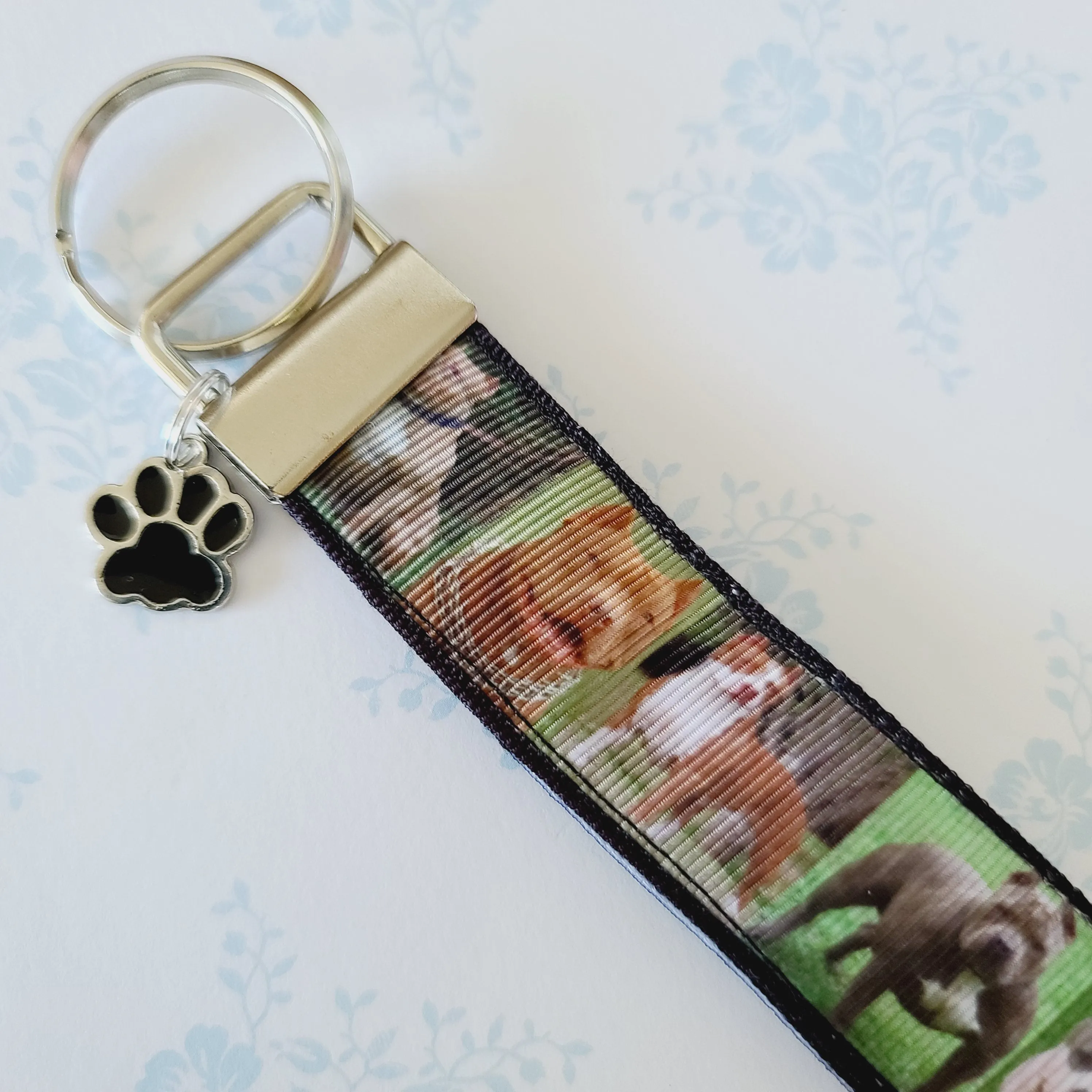 Pit Bull Key Fob / Key Chain with Enameled Paw Print Charm