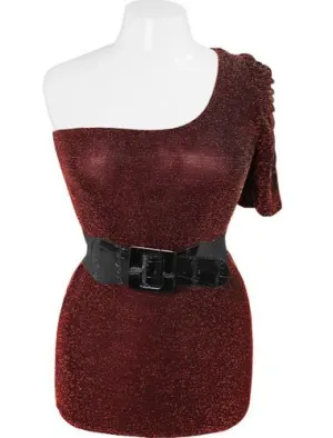 Plus Size Sparkling One Shoulder Belt Red Top