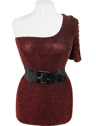 Plus Size Sparkling One Shoulder Belt Red Top